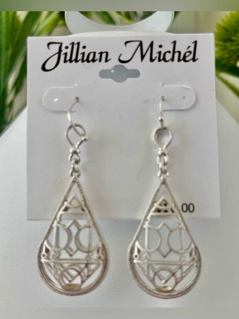 Jillian Michel Filagree cutout silvertone teardrop dangle,fishhook